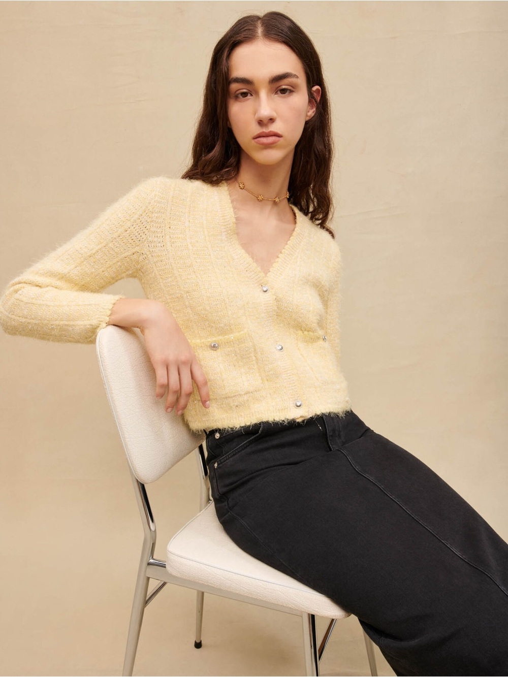 Maje Tweed-effect knit cardigan Butter Yellow Sequin Size 1 or Small Cottagecore